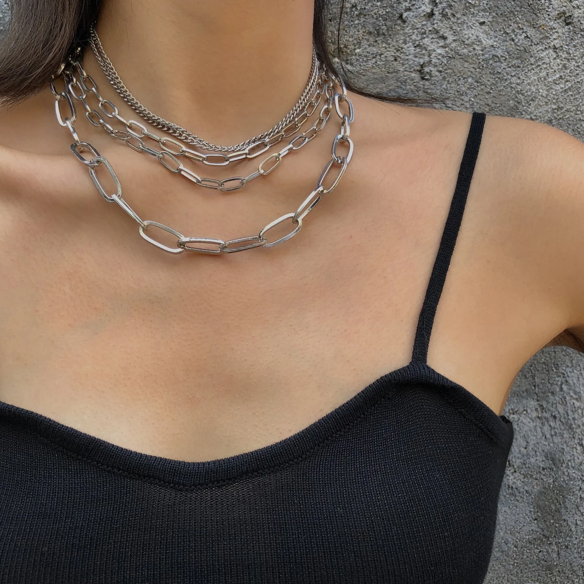 IngeSight.Z Punk Hip Hop Multi Layer Chunky Thick Choker Necklace Collar Vintage Curb Cuba Chain Necklace for Women Men Jewelry
