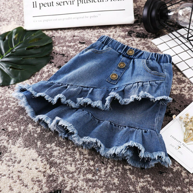 Emmababy Minifalda vaquera azul para niñas, Falda vaquera con botones volantes, informal, para verano|Faldas| - AliExpress