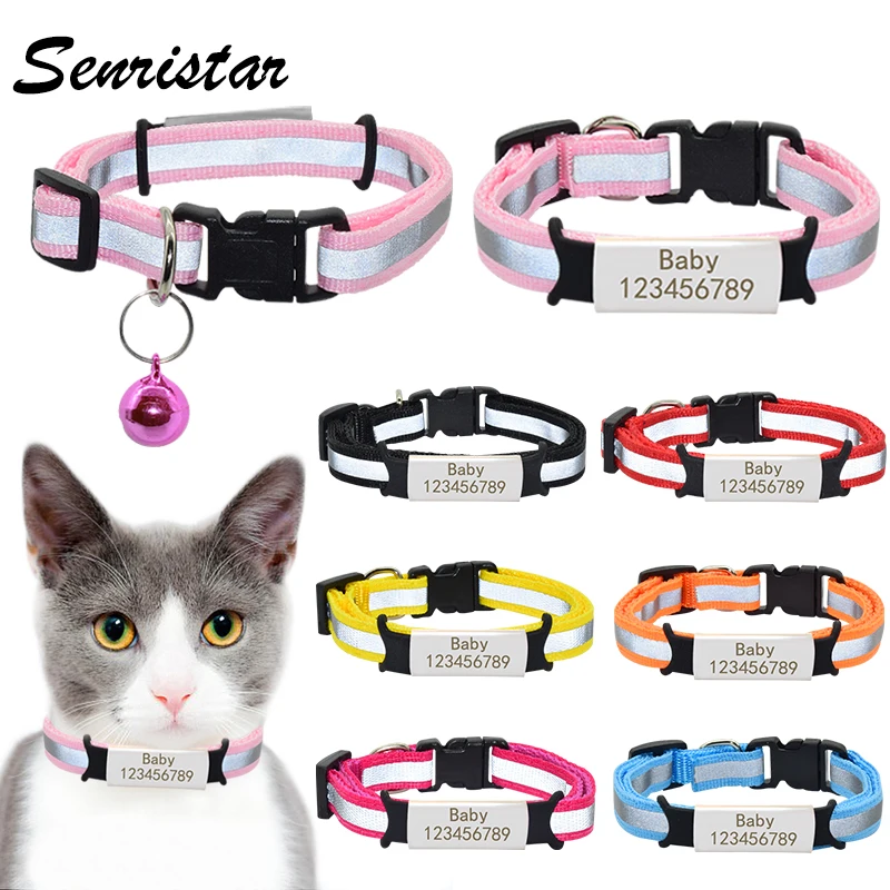 Personalized Nameplate Cat Collar Bell Necklace Safety Reflective Nylon Custom Engraved ID Name Tag Cat Collar Puppy Pet Collar