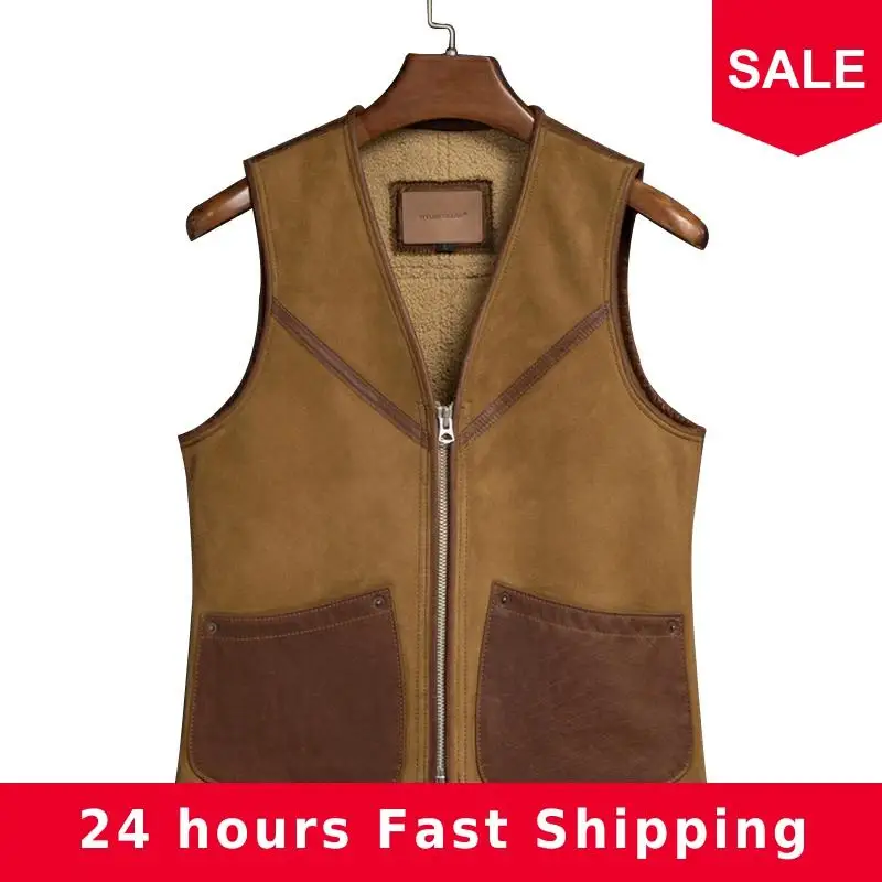 

2020 Brown Men Short Casual Shearling Vest Plus Size XXXXL Genuine Sheepskin Russian Autumn Slim Fit Natural Leather Vest