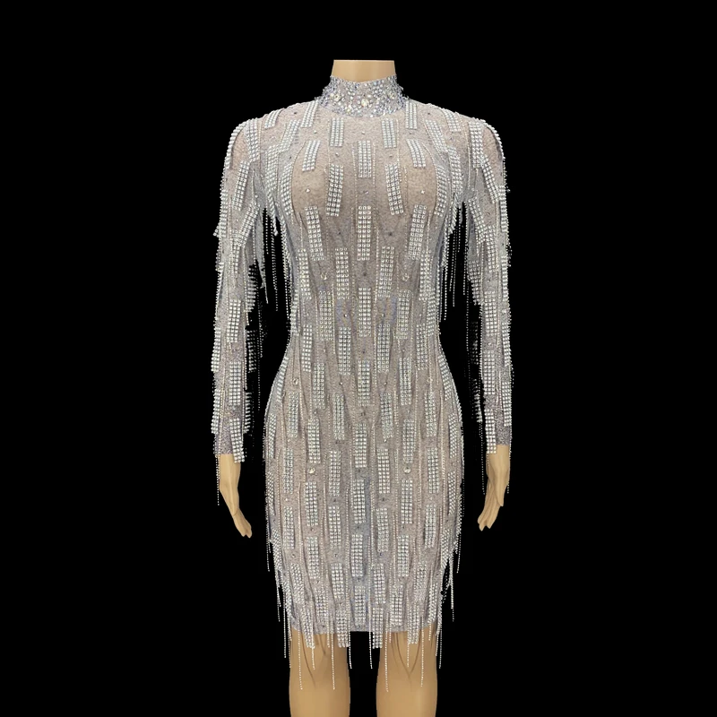 

New Women Sexy Long Sleeve Blingling Rhinestones Tassel Prom Dresses