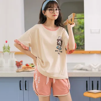

Fashion Summer Women Cartoon Cotton Pajamas Set Sleepwear Night Suits Home Wear Nightwear New Arrival