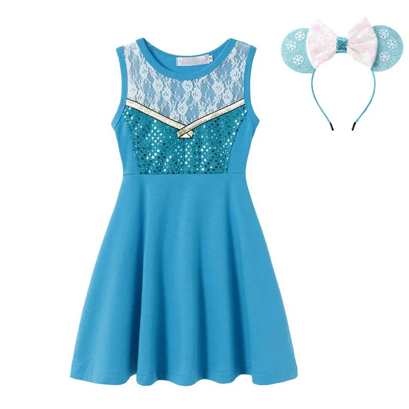 Elsa Set VOGUEON девочек Микки и Минни Маус Повседневное платье из хлопка с головной повязкой, летнее платье на день рождения летнее платье Рапунцель, Белль Золушка, Ариель платье принцессы - Цвет: Elsa Set