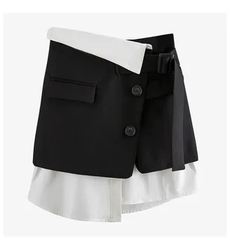 

Womens Skirts 2020 Summer New Hem Splicing Fold Waist Diagonal Buckle Fake Two Pieces Mini Skirt
