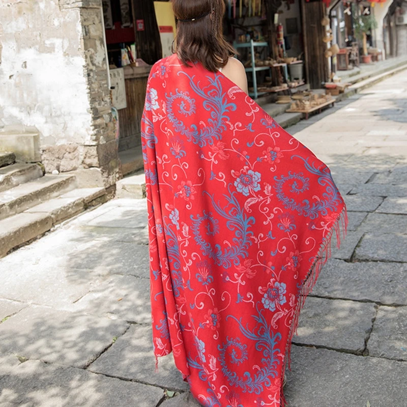  Oversize 140*140cm Floral Printing Square Blankets Russian Women Wedding Scarf Retro Style Cashmere
