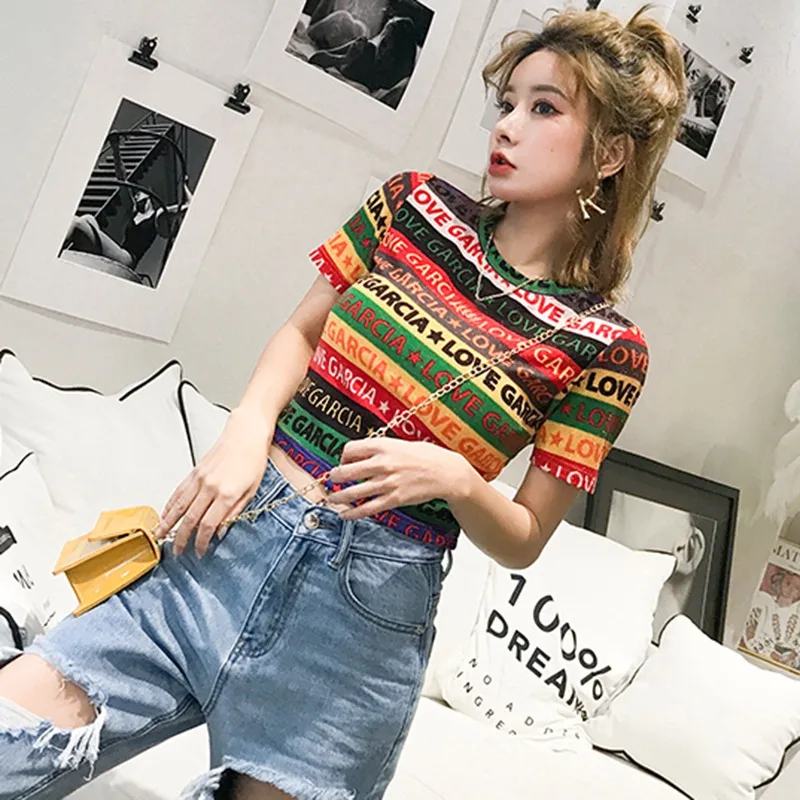 

T Shirt Women Letter Printed Colorful Striped Short Sleeve T Shirt Female Summer Sexy Crop Top Korean O Neck Casual T-Shirt NS