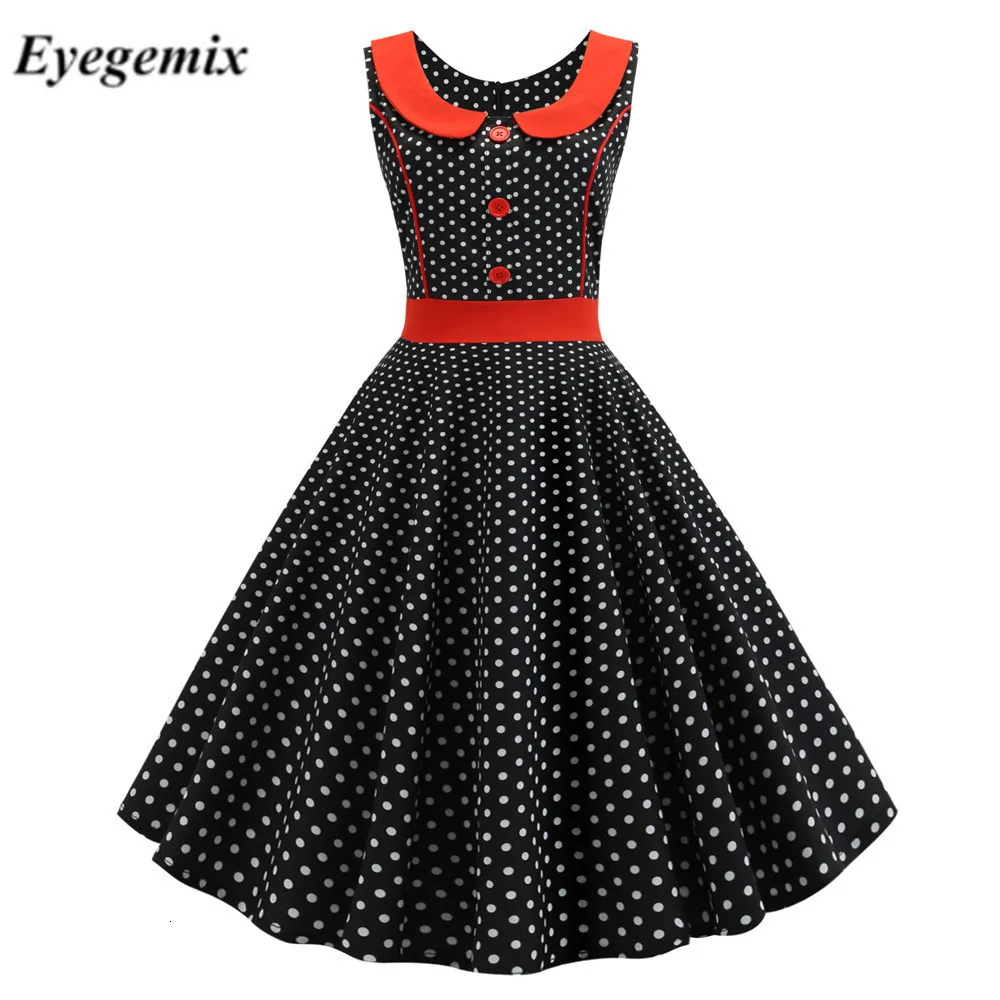 

Fashion 2019 Summer Casual Women Dress Black Polka Dot Printed Party Pin Up Vestidos Flowers Retro 50s 60s Vintage Rockabilly