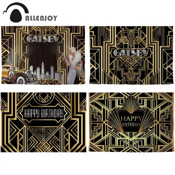 

Allenjoy Great Gatsby Background Vintage Car Lady Happy Birthday Backdrop Photozone Golden Luxurious Adult Event Party Banner
