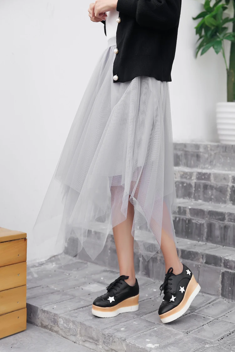 gray skirt Повседневные женские осенне-зимние сетчатые плисованные юбки с эластичной резинкой на талии, Необычные корейские вечерние юбки-пачки, 2 слоя, Falda Tul Mujer - Цвет: gray skirt