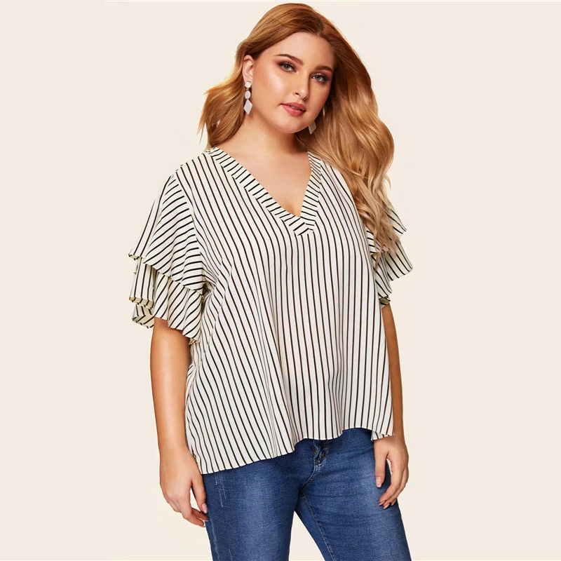 

New Size White V-neck Two-layer Sleeve Striped Top Women's Summer Casual Round Neck Butterfly Sleeve Shirt