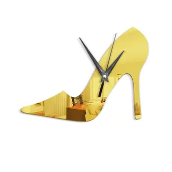 

3D DIY Modern Saatks Home Decor Watch Mechanism Ladies High-Heeled Shoes Silver Mirror Wall Saatks Relogio Parede Decor W5876