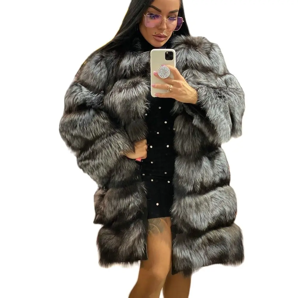 Trendy Women Real Silver Fox Fur Coat Round Collar Long Length Natural Whole Skin Genuine Silver Fox Fur Coats Female Outwear