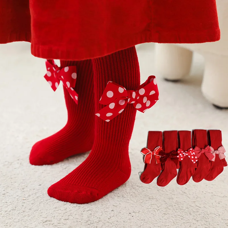 New Year Baby Christmas Bowknot Tights Baby Toddler Kids Girls Ribbed Pantyhose Cotton  Leggings Red Tight For 0-6Years