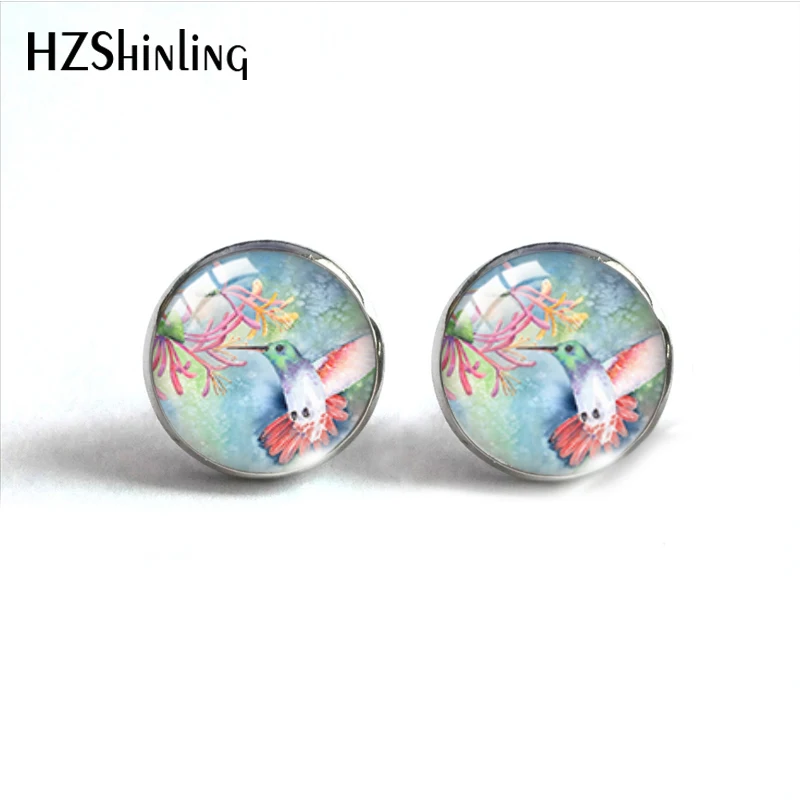 New Fashion Flower Humming Bird Paintings Glass Stud Earring Lovely Birds and Flowers Jewelry Earrings | Украшения и аксессуары