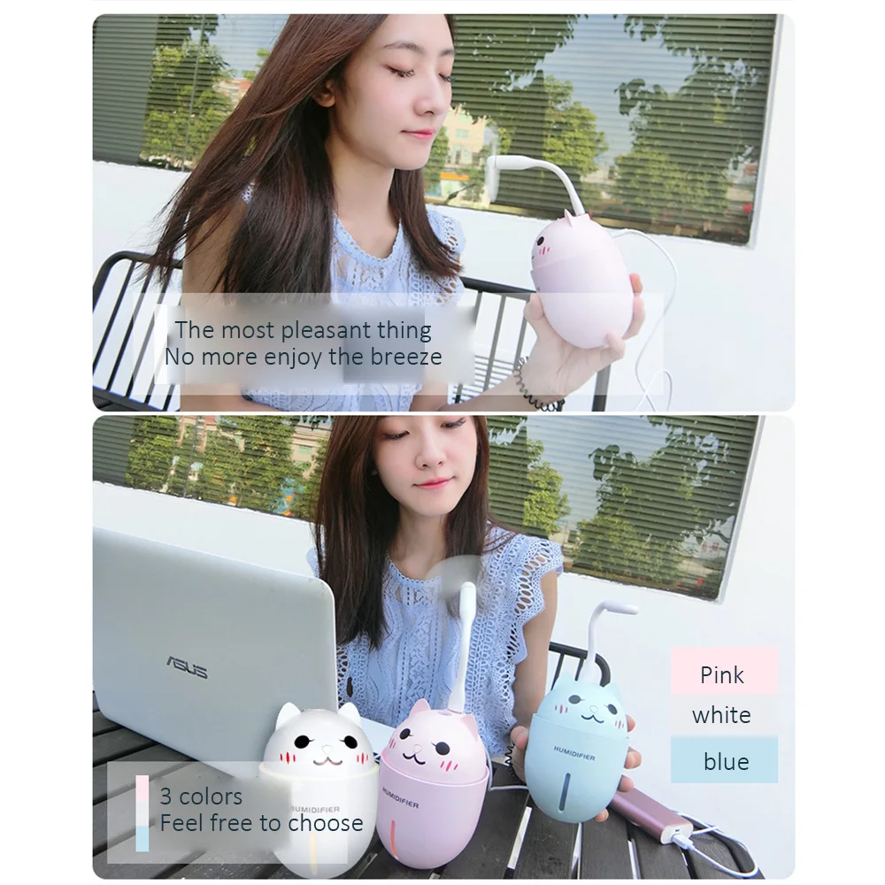 

Air Humidifier Ultrasonic Cool-Mist Adorable Pet Mini Humidifier With LED Light Mini USB Fan 320ML 3 in 1 USB