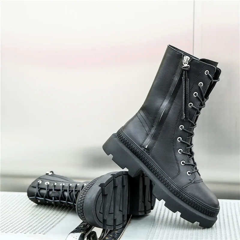 Tanie RASMEUP skórzane damskie platformy buty zimowe 2019 w nowym stylu mody kobiety Chunky buty do kostek damskie buty na zamek błyskawiczny obuwie damskie