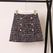 Женская твидовая юбка корейская осень/зима Высокая талия стройнящая Мода двубортная мини-юбка