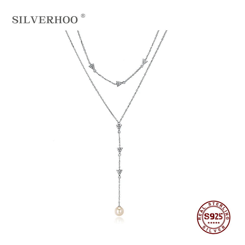 

SILVERHOO Genuine 925 Sterling Silver Pearl&Srystal Pendant Necklace Stacking Long Chain Link For Women Wedding Necklace Jewelry