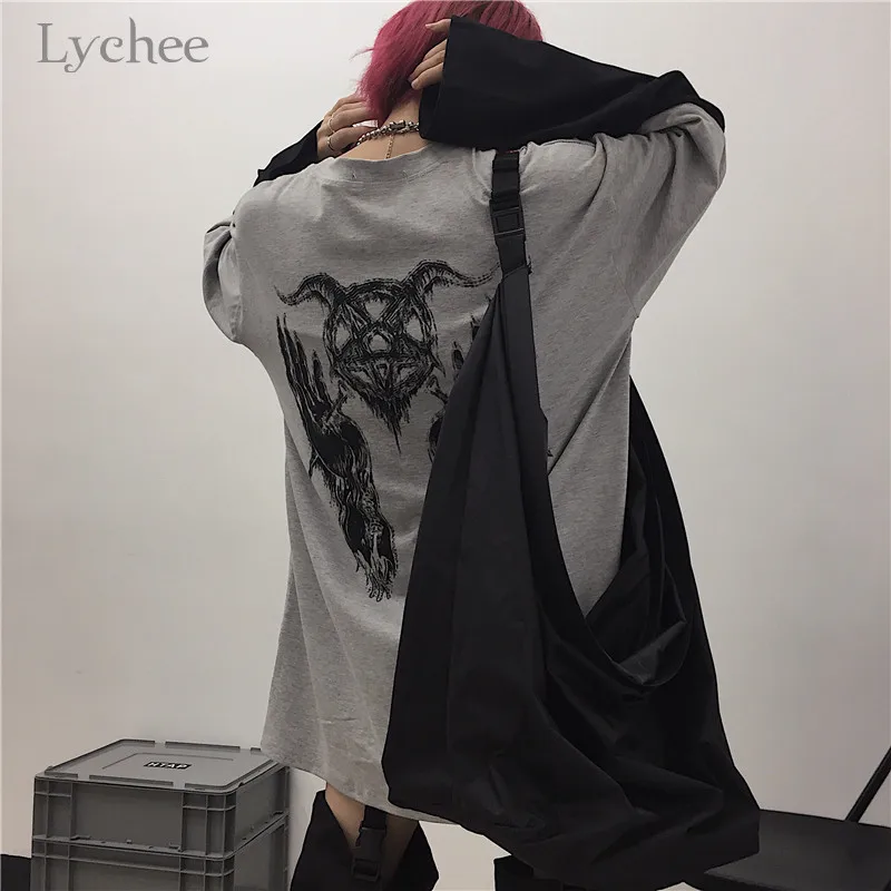 Lychee в стиле Харадзюку; осенний Женский пуловер с круглым вырезом и надписью «Devil Star Hand»; Женская толстовка с имитацией 2 шт.; толстовки; топы