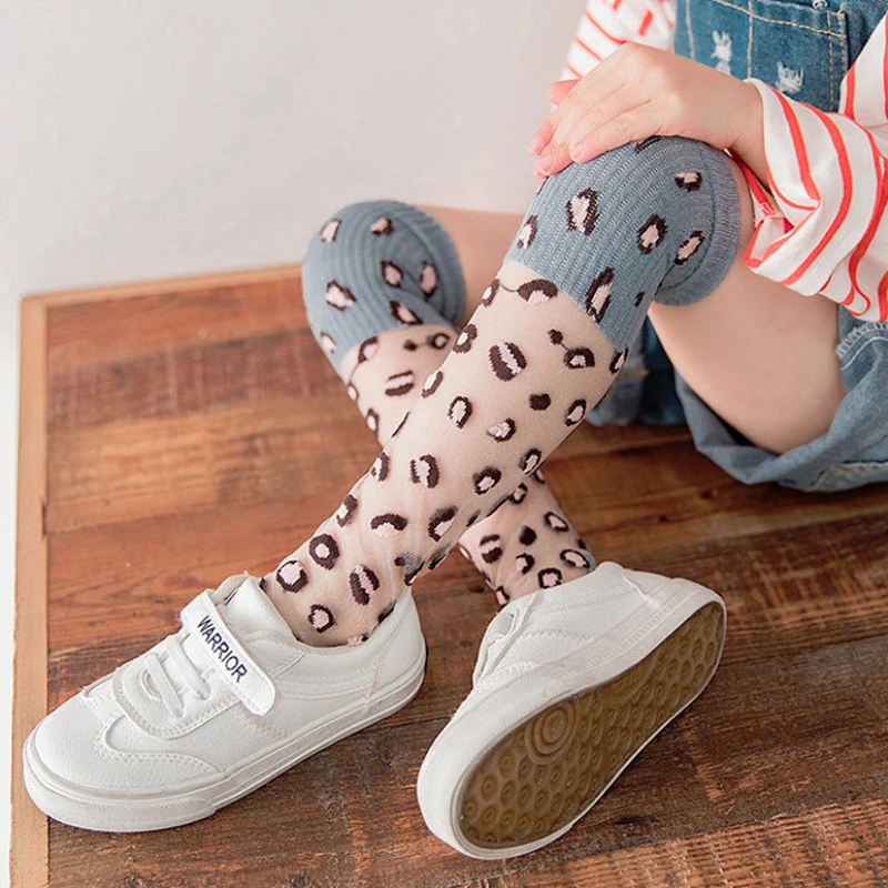 Kids Girls Lace Stockings Leopard Printed Stitching Knee Length Stockings Blue Pink Rose White Cotton Underwear GZ29