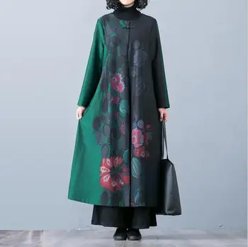 

2020 Autumn Women Cotton Trench Dress New Vintage National Style Fashion Printing Loose Long Sleeve Patchwork Round Neck Robe