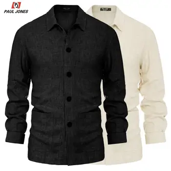 

PAUL JONES Men Long Sleeve Loose Fit Shirt Coat Rayon & Linen Shirt Jacket Lapel Collar Button Placket Shirts Outwear For Spring