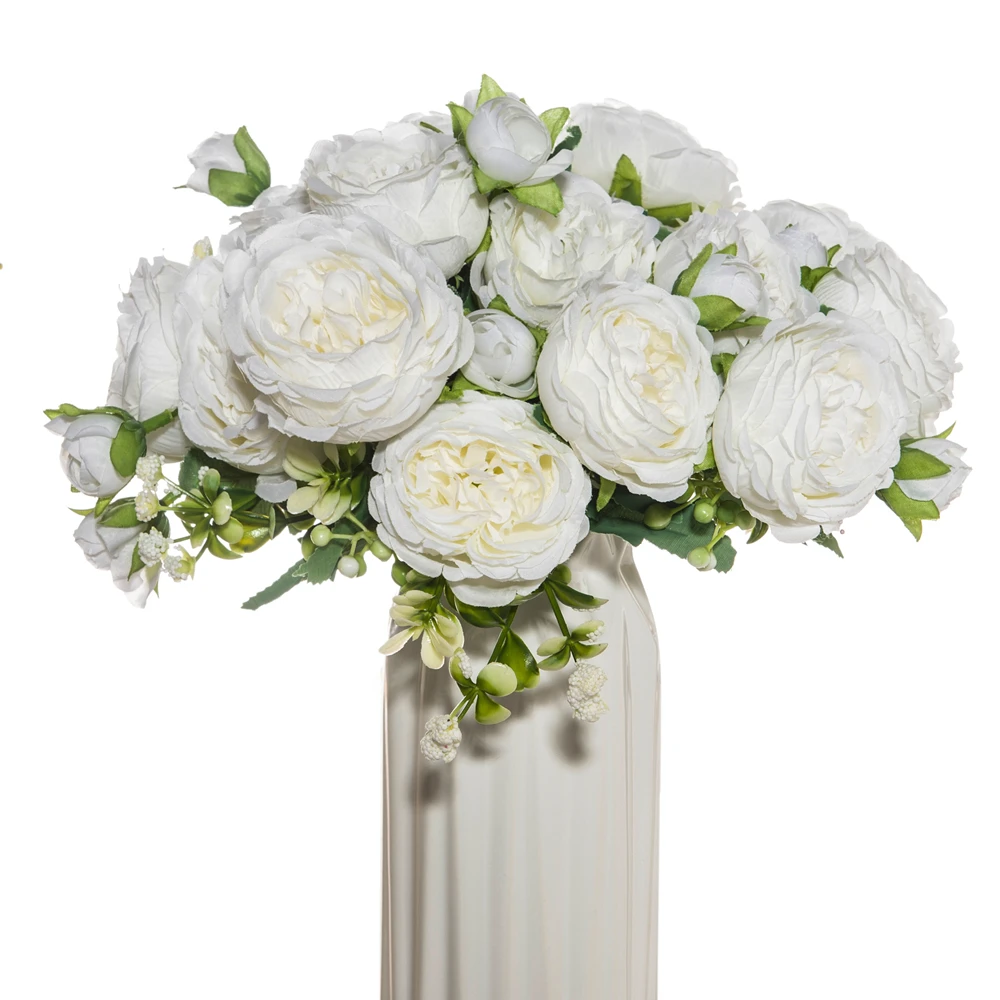 

5 Bundles Pink Peony Bridal Bouquet Wedding Decorative Flowers Fake Plants White Rose Christmas Decor for Home Artificial Flower