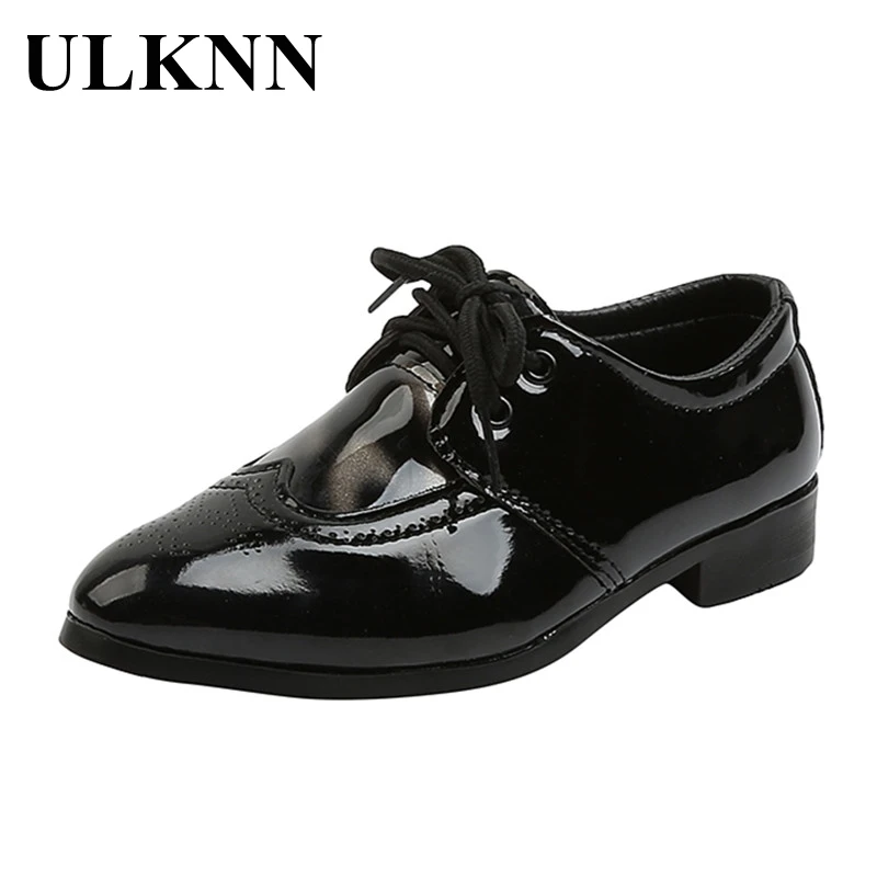 Shoes ULKNN Pointed-Toe Boys Children Flat Black Autumn And Spring for Size-21-36 Lace-Up