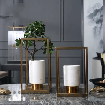 

Fashion Golde Metal Solid Rectangle Vase Hydroponic Dried Flowers Modern White Marble Dining Table Countertop Flower Basin Decor