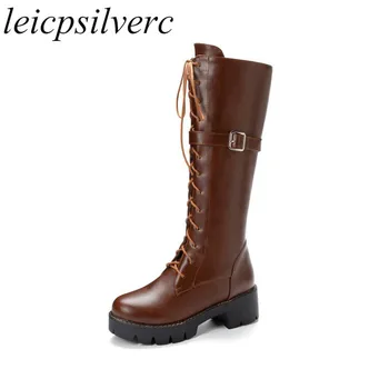 

Women's Boots Autumn Winter Med Heel Round Toe Zip Knee High Motorcycle Shoes Pu Platform Cross-tied 2019 New Sexy Fashion Plush