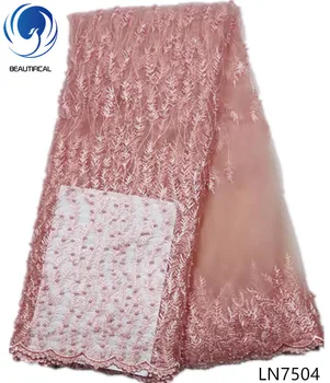 

Beautifical Peach French lace fabrics New arrival embroidery beads mesh tulle lace fabric for dress 5yards african net lace LN75