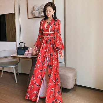 

Runway Designer Beach Red Flower Print Maxi Dress 2019 Autumn Women Long Lantern Sleeve Deep V-neck High Waist Split Long Dress