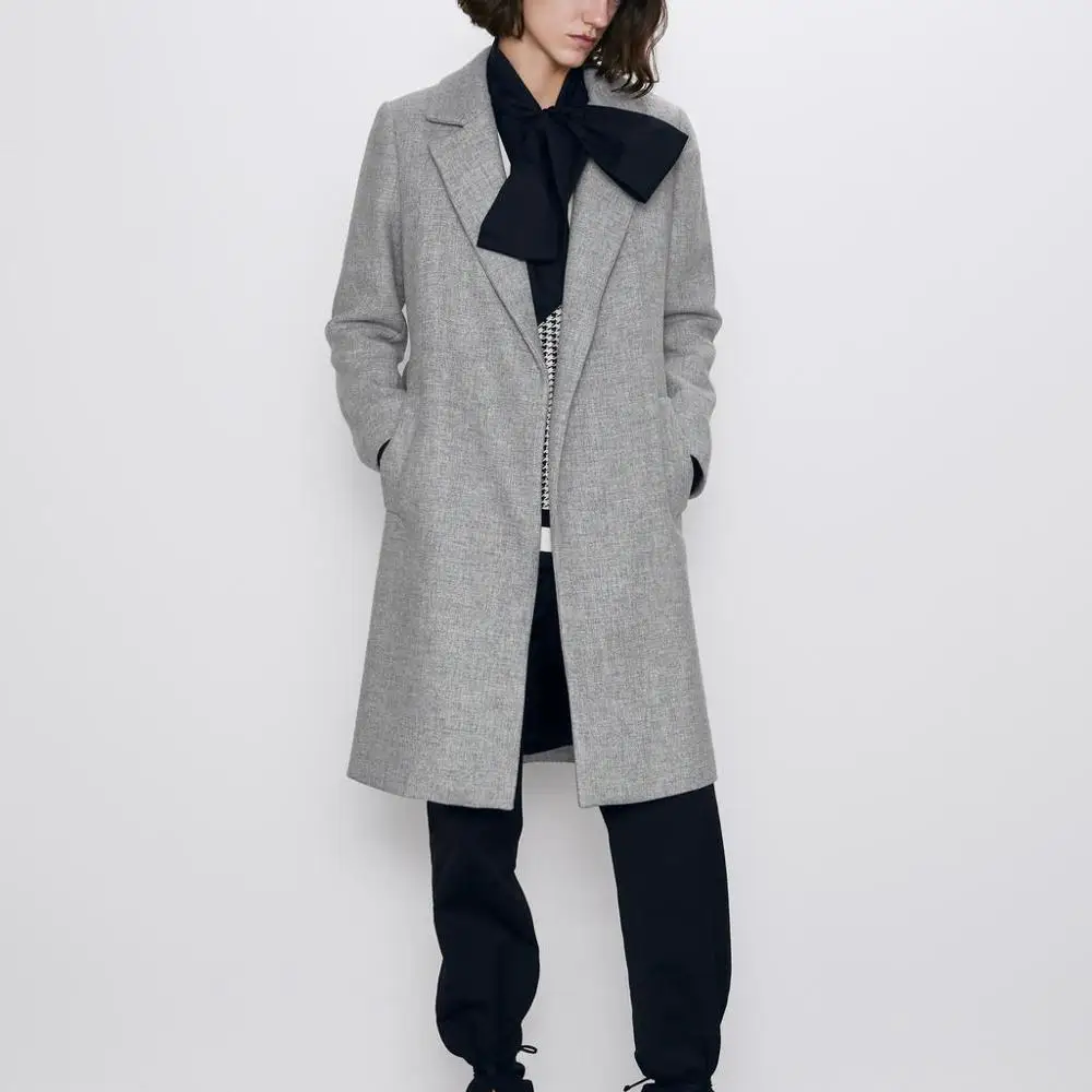 ZA осенне-зимнее серое шерстяное пальто для женщин, плотное длинное однотонное пальто с поясом, повседневная женская ветровка, верхняя одежда, шерстяной Тренч, женская одежда