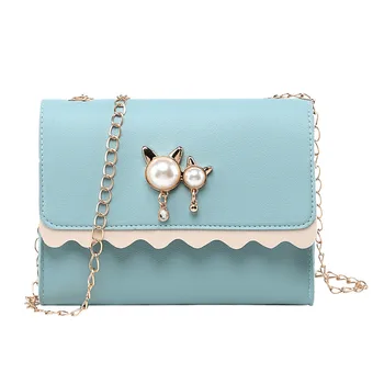 

Women Bag Wild Shoulder Messenger Cute Cat Pearl Pendant Small Square Bag Pattern Pearl Solid color Leather Wild Simple Casual
