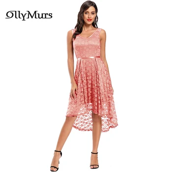 

O-Neck Tank Elegant Prom Dress LR922 Sleeveless Lace A-Line Women Party Gowns Pink Navy Blue High Low Length Vestidos De Gala