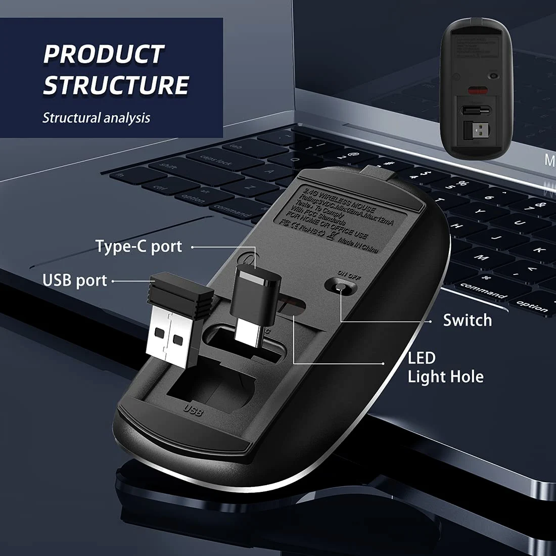 Wireless Mouse Wireless Mouse Chargeable Portable Silent USB and Type-C Dual Mode Mouse 3 Adjustable DPI Laptop Mac MacBook Android PC
