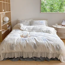 

French-style Hollow Lace Embroidery Washed Cotton Bedding Set Princess Style Flat sheet/Bed Skirt(1.5/1.8/2.0m Size,4pcs,White)