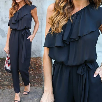 

Fashion summer jumpsuit women ruffles slim romper bodysuit solid Chiffon slash neck jumpsuits new femlae clothes black overalls