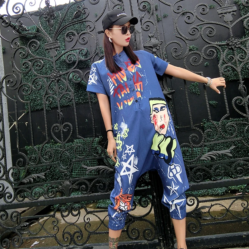 New Women Cartoon Graffiti Printing One Piece Overalls Mandarin Collar Short Sleeve Jumpsuit Hip Hop Design Rompers Baggy Pants New Women Cartoon Graffiti Printing One Piece Overalls Mandarin Collar Short Sleeve Jumpsuit Hip Hop Design Rompers Baggy Pants
