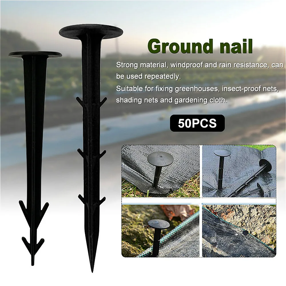 50pcs Garden Ground Nail Film Fixed Garden Pegs Pp Outdoor Mulch Shading Black Reusable Greenhouse Film Weed Plastic Fixed Pegs