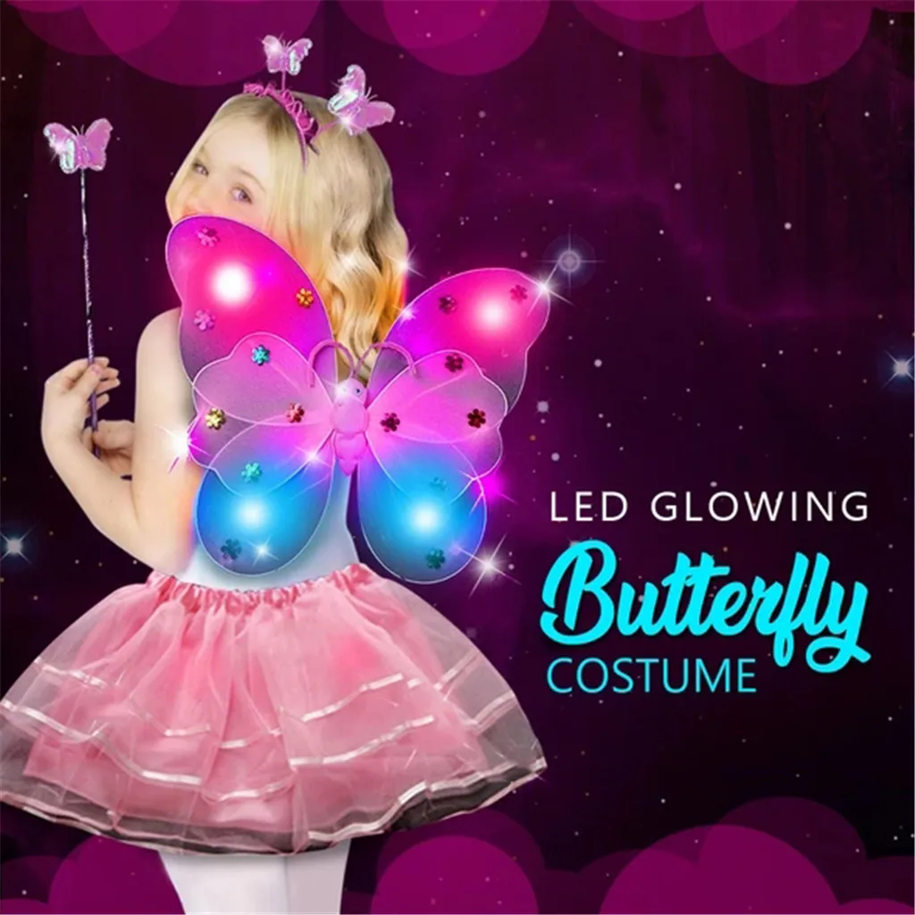 

4Pcs Fairy Costume Set Princess Girls Sleeveless Long Tutu Dress Led Double Layer Butterfly Wings Wand Headband Party Z0219