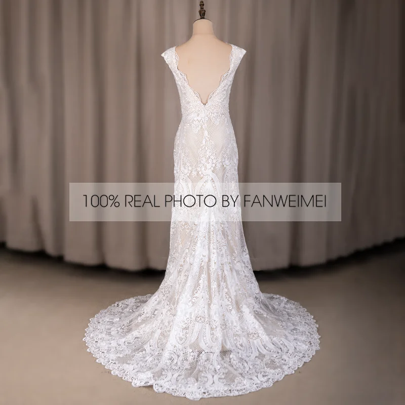 Wedding Dresses Deep V-Neck Backless Cap Sleeve Lace Sheath Boho Bohemian Bride Dress