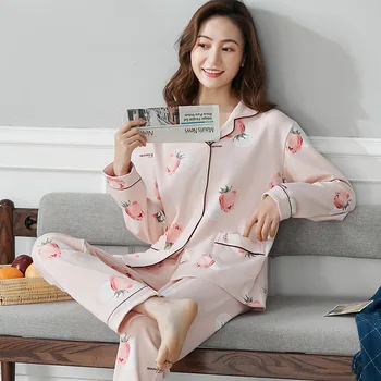 

Nightwear Women' Cotton Two-Piece Suit V-Neck Long-Sleeve Pocket Shirt Floral Print Loose Straight-Leg Pants Sleepwear Homewear