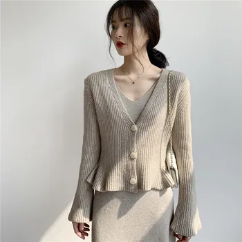 

Ruffled Knitted Cardigan Female 2020 New Autumn Casual Slim Flared Sleeve Sweater Coat Women Knit Cardigans NS1991