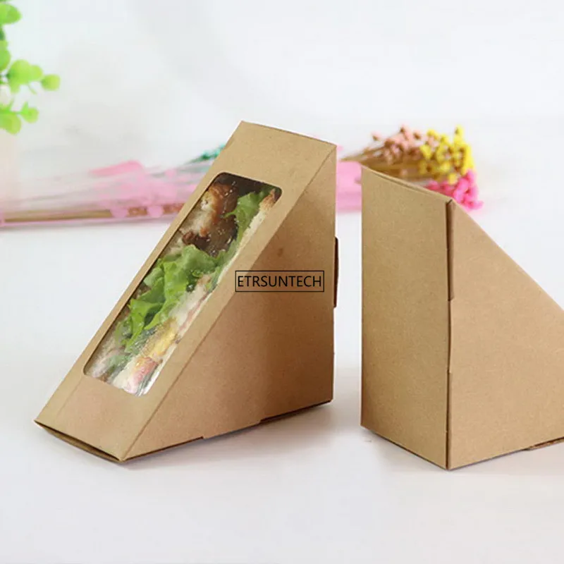 500 шт крафт-бумага треугольный сэндвич-коробки с окном дисплея упаковки еды на вынос коробки для пекарни Ресторан общественного питания