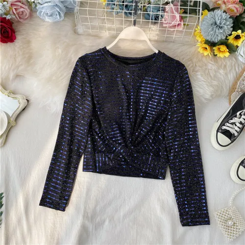 Dark Blue Neploe, новинка, рубашка с блестками, женская модная футболка Blingblling с длинным рукавом, Корейская тонкая короткая рубашка с круглым вырезом, короткий топ, футболки 56086 - Цвет: Dark Blue