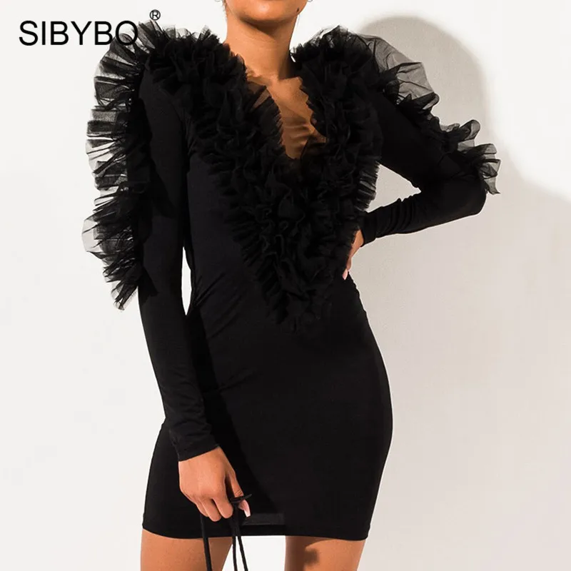 SIBYBO Ruffles Mesh Spliced Sexy Bodycon Dress Long Sleeve Mini Autumn Dress Women V-Neck Leopard Print Elegant Party Dress