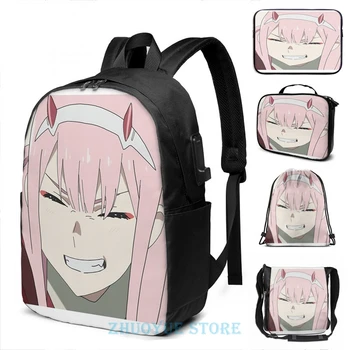 

Funny Graphic print Zero Two Smile USB Charge Backpack men School bags Women bag Travel laptop bag