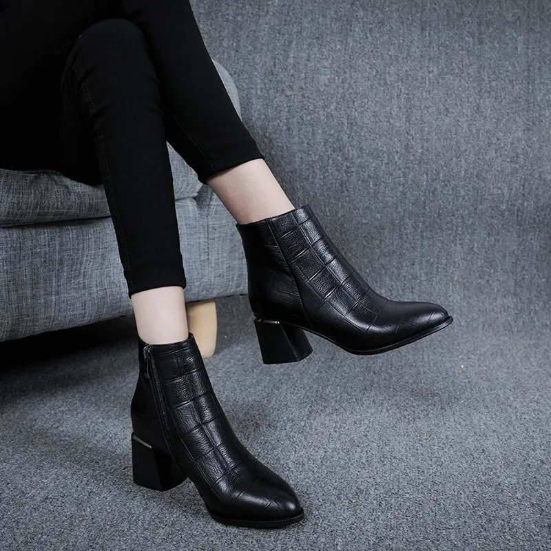 

Black snakeskin texture Thick High Heel Ankle Boots for Women 2019 Pointed Toe Winter Keep Warm Elegant Short Booties Ladies
