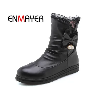 

ENMAYER Women Ankle Boots Big Size Causal Med Heel Fashion Boots Round Toe Butterful-knot Pearl Woman Wedges Zipper shoes